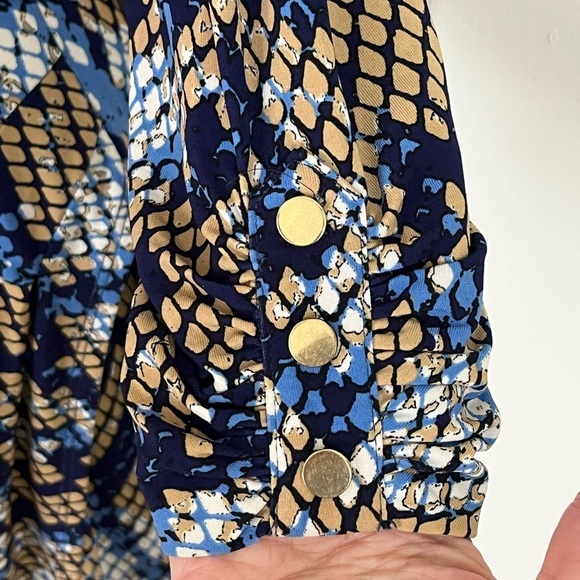 Cache Blue Tan Snake Print Faux Wrap Stretch Jersey Gold Buckle Dress Size M - Picture 5 of 13